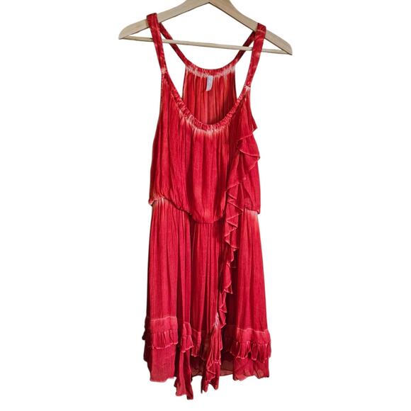 Free People Dresses & Skirts - Free People Size Medium Coral Red Acid Wash Asymmetrical Ruffle Mini Dress